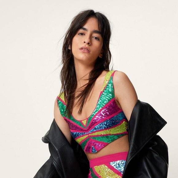 Nasty Gal Tops - Nasty Gal Colorblock Sequin Cropped Bralette Hot Pink
